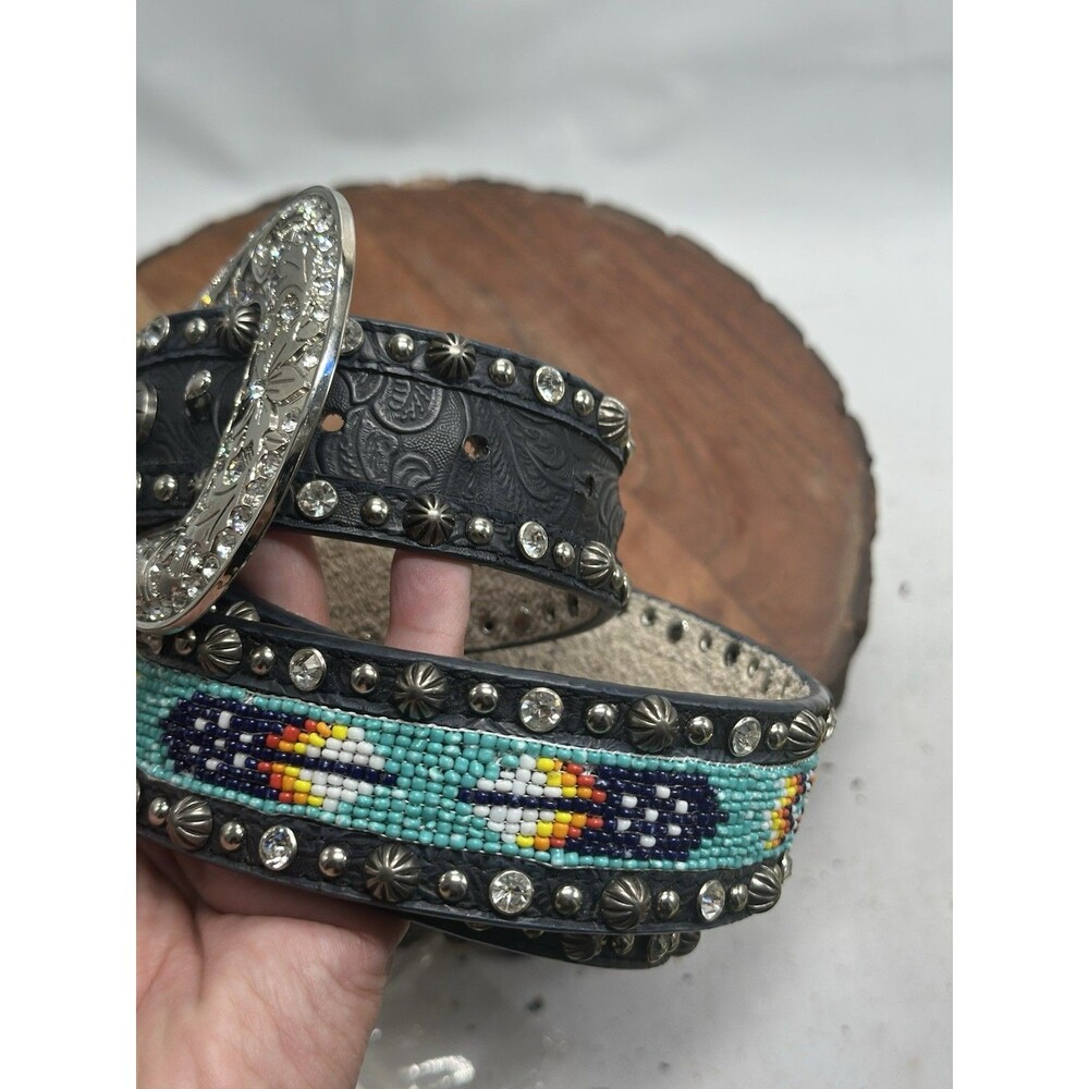 Tooled Leather Studded Silver & Rhinestone Aztec Blazin Roxx Bling Belt Rodeo - Picture 2 of 10